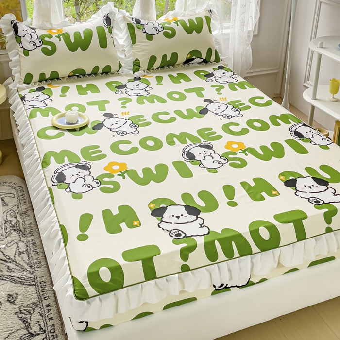 91家纺网 家纺一手货源 找家纺 金丝鸟家纺 2023新款全棉花边床笠 乐乐狗