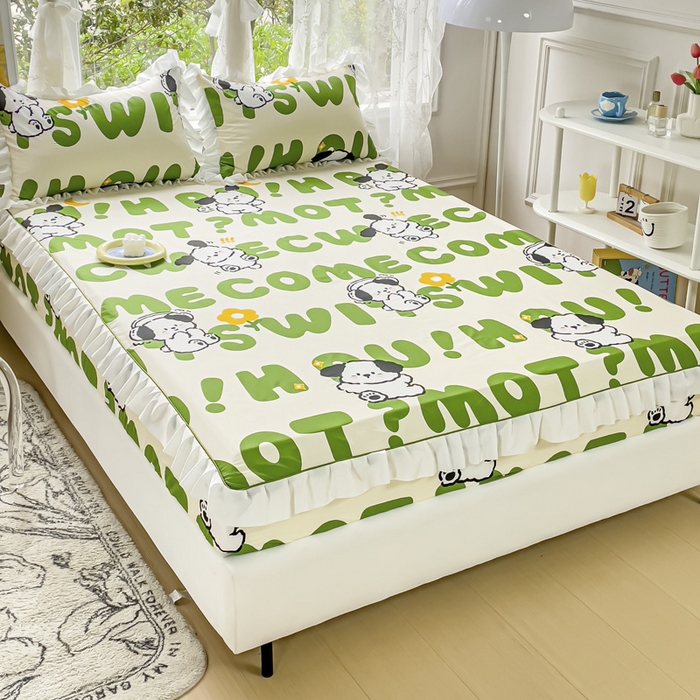 91家纺网 家纺一手货源 找家纺 金丝鸟家纺 2023新款全棉花边床笠 乐乐狗