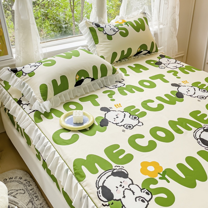 91家纺网 家纺一手货源 找家纺 金丝鸟家纺 2023新款全棉花边床笠 乐乐狗