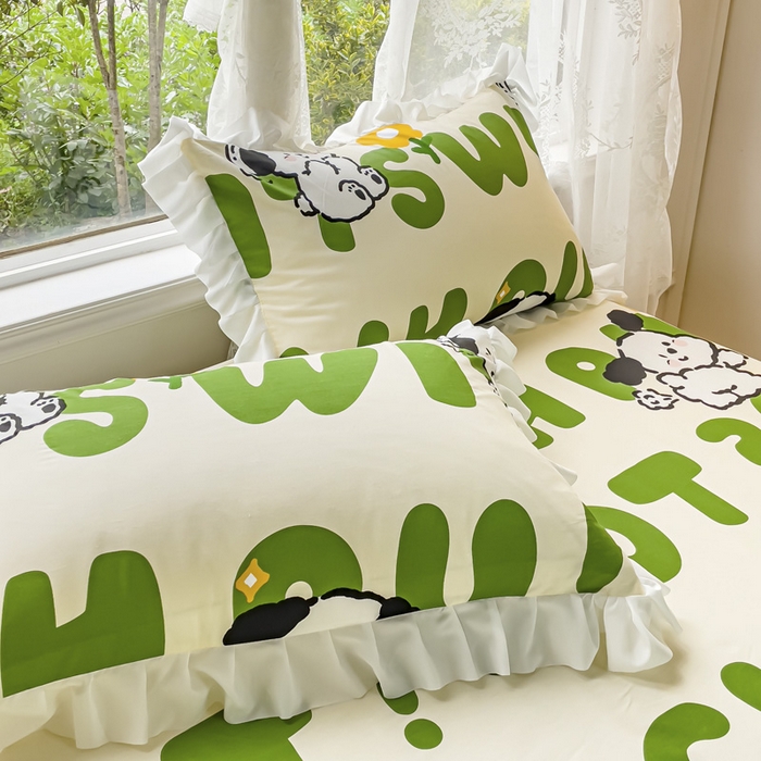 91家纺网 家纺一手货源 找家纺 金丝鸟家纺 2023新款全棉花边床笠 乐乐狗