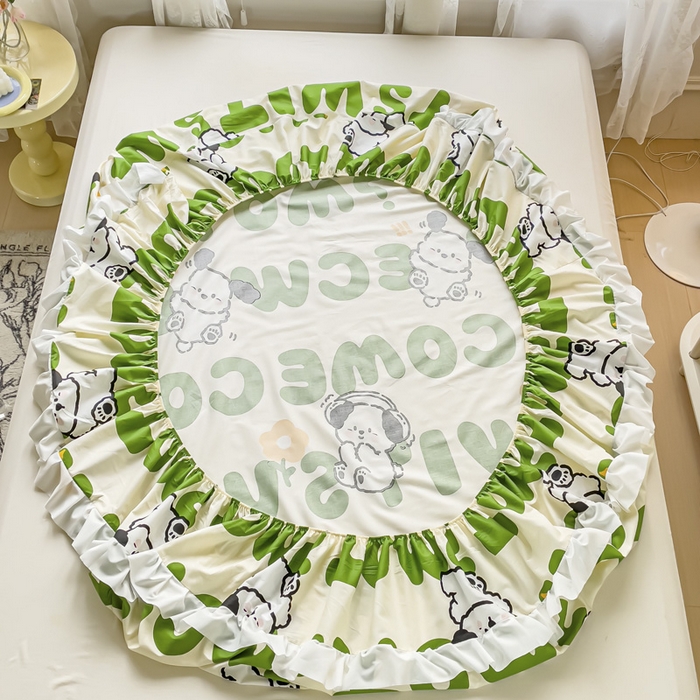 91家纺网 家纺一手货源 找家纺 金丝鸟家纺 2023新款全棉花边床笠 乐乐狗