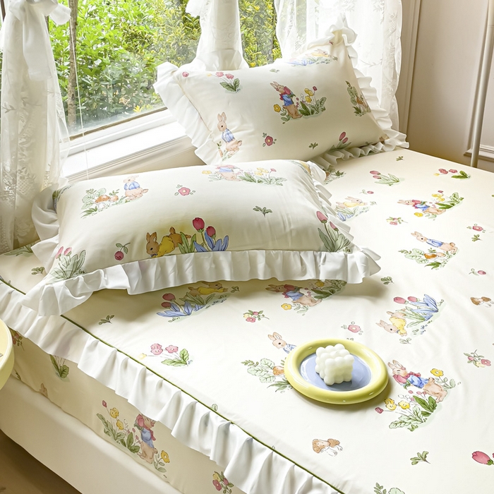 91家纺网 家纺一手货源 找家纺 金丝鸟家纺 2023新款全棉花边床笠 温馨小兔