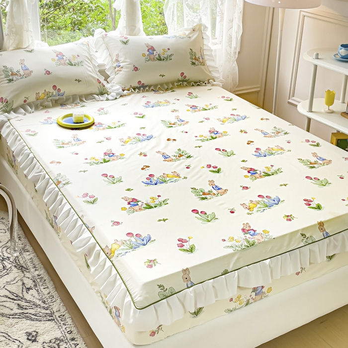 91家纺网 家纺一手货源 找家纺 金丝鸟家纺 2023新款全棉花边床笠 温馨小兔