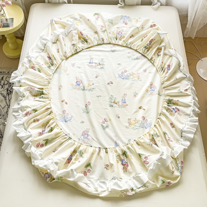 91家纺网 家纺一手货源 找家纺 金丝鸟家纺 2023新款全棉花边床笠 温馨小兔