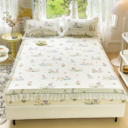 金丝鸟家纺 2023新款全棉花边床笠 温馨小兔