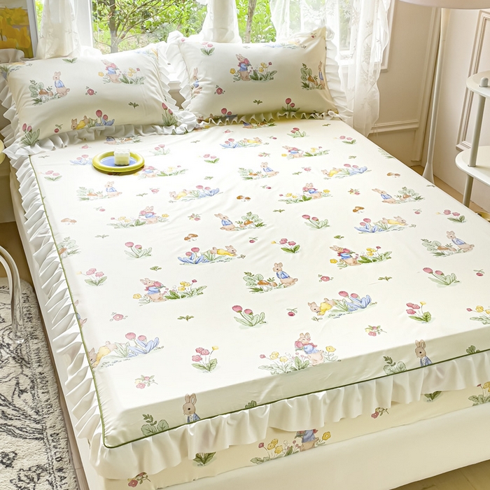 91家纺网 家纺一手货源 找家纺 金丝鸟家纺 2023新款全棉花边床笠 温馨小兔