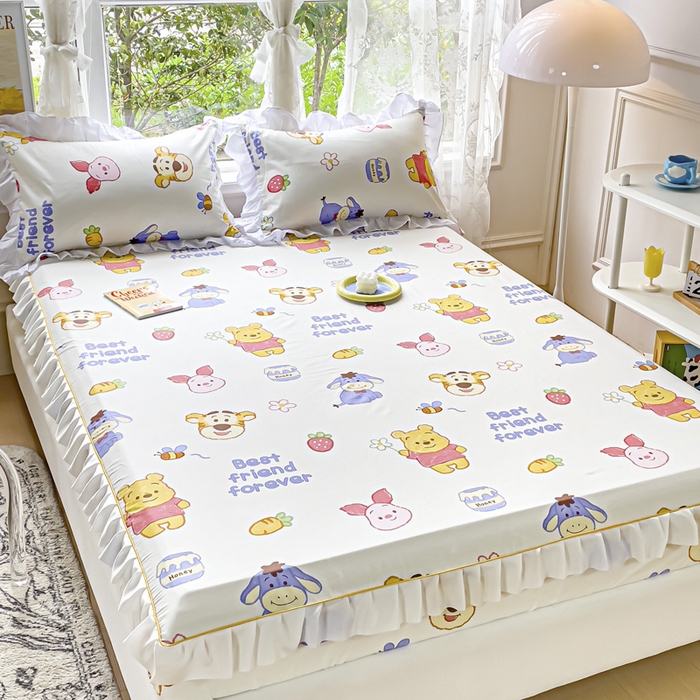 91家纺网 家纺一手货源 找家纺 金丝鸟家纺 2023新款全棉花边床笠 维尼伙伴