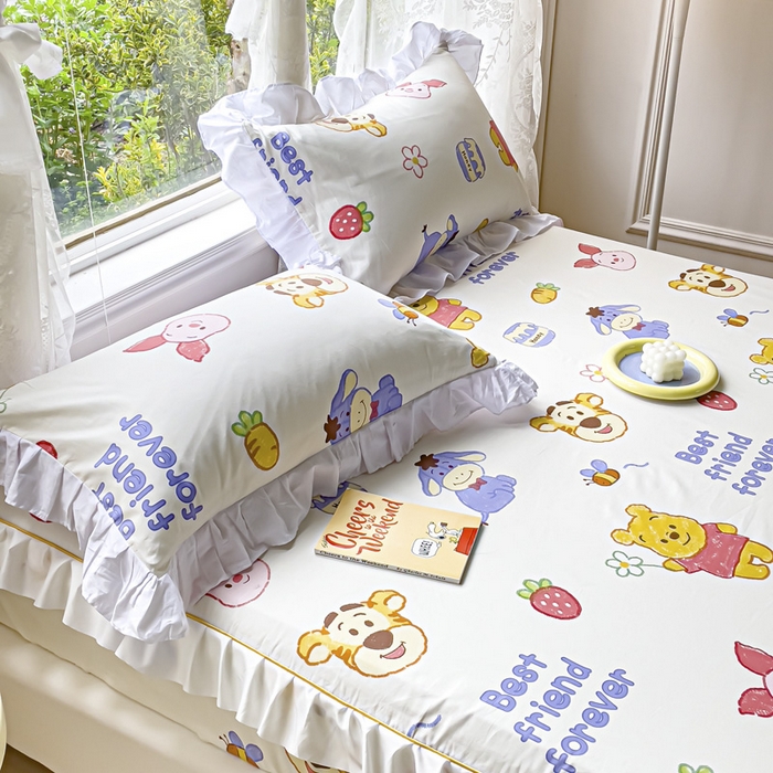 91家纺网 家纺一手货源 找家纺 金丝鸟家纺 2023新款全棉花边床笠 维尼伙伴