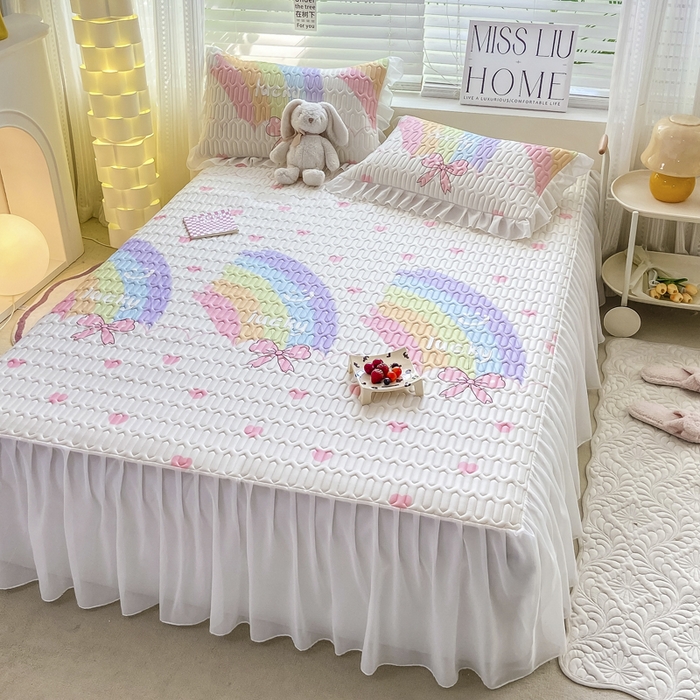 91家纺网 家纺一手货源 找家纺 慕澄 2023新款小版雪纺床裙款乳胶凉席 彩虹