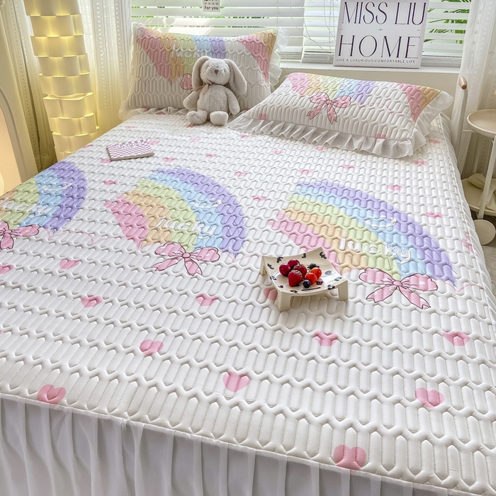 91家纺网 家纺一手货源 找家纺 慕澄 2023新款小版雪纺床裙款乳胶凉席 彩虹