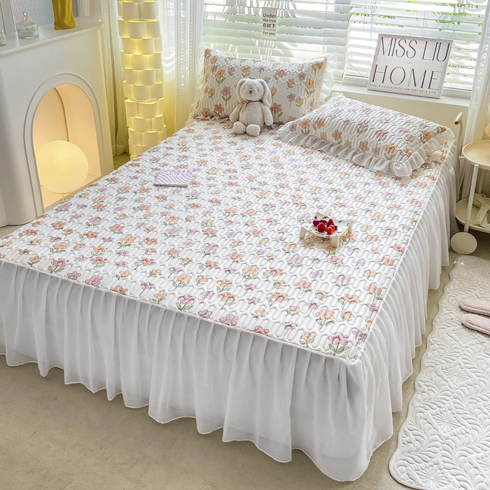 91家纺网 家纺一手货源 找家纺 慕澄 2023新款小版雪纺床裙款乳胶凉席 繁星碎花