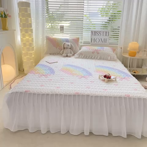 91家纺网 家纺一手货源 找家纺 慕澄 2023新款小版雪纺床裙款乳胶凉席 彩虹