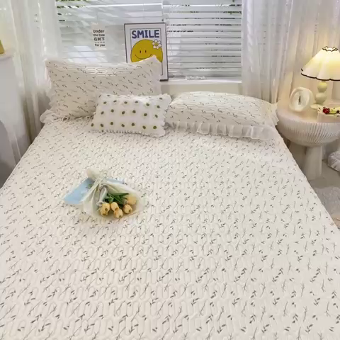 91家纺网 家纺一手货源 找家纺 慕澄 2023新款小版雪纺床裙款乳胶凉席 叶子青青