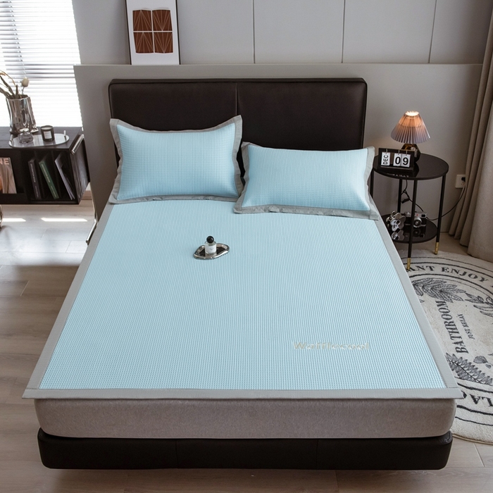 91家纺网 家纺一手货源 找家纺 全季 2023新款纯色凉豆豆绣花款凉席 华夫格-仓蓝