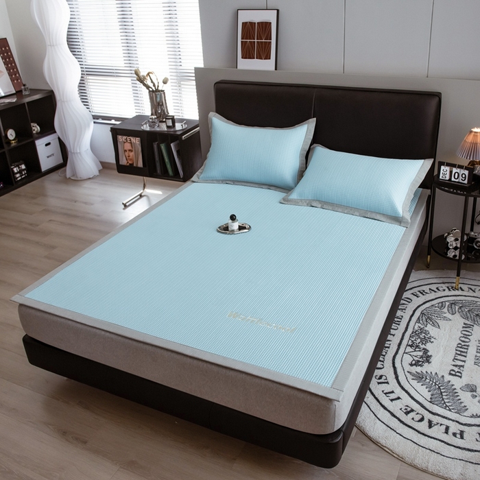 91家纺网 家纺一手货源 找家纺 全季 2023新款纯色凉豆豆绣花款凉席 华夫格-仓蓝