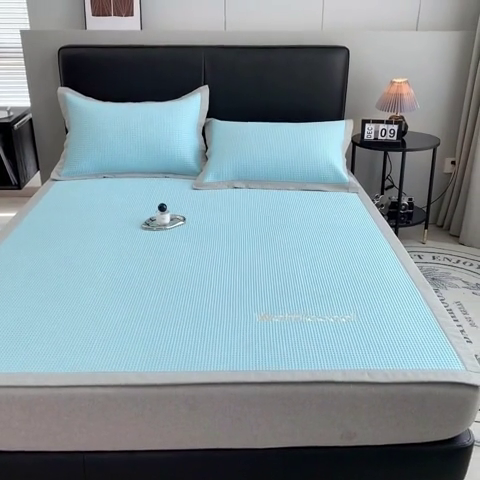 91家纺网 家纺一手货源 找家纺 全季 2023新款纯色凉豆豆绣花款凉席 华夫格-仓蓝