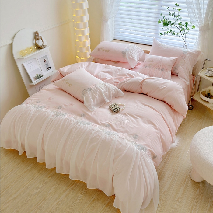 91家纺网 家纺一手货源 找家纺 亲亲公主 2025新款全棉蕾丝公主风四件套-芊芊公主 粉色