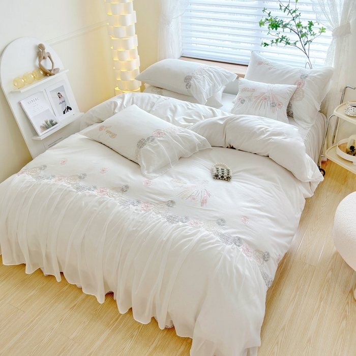 91家纺网 家纺一手货源 找家纺 亲亲公主 2025新款全棉蕾丝公主风四件套-芊芊公主 白色