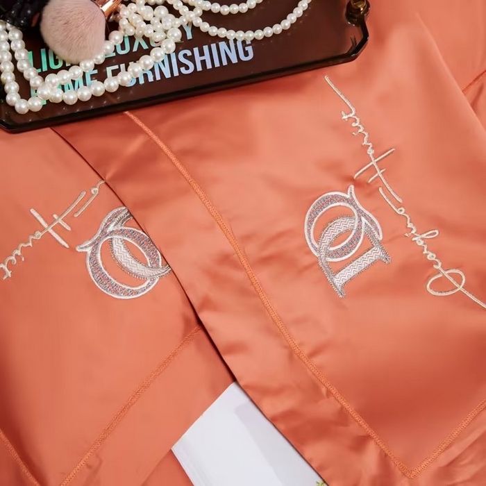 91家纺网 家纺一手货源 找家纺 U品汇 2023新品100支60s长绒棉宽边刺绣花纯棉全棉四件套直播 凯伦-奶油橙