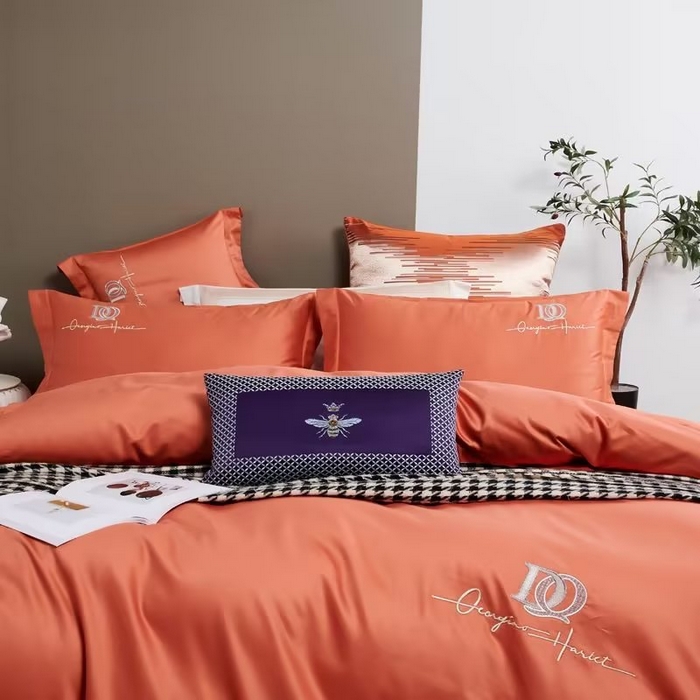 91家纺网 家纺一手货源 找家纺 U品汇 2023新品100支60s长绒棉宽边刺绣花纯棉全棉四件套直播 凯伦-奶油橙