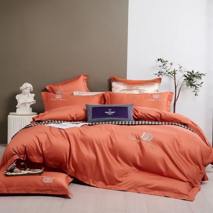 91家纺网 家纺一手货源 找家纺 U品汇 2023新品100支60s长绒棉宽边刺绣花纯棉全棉四件套直播 凯伦-奶油橙