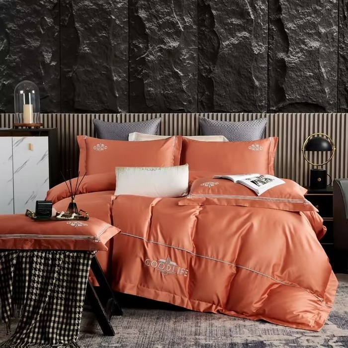 91家纺网 家纺一手货源 找家纺 U品汇 2023新品100支60s长绒棉宽边刺绣花纯棉全棉四件套直播 雷利斯-奶油橙