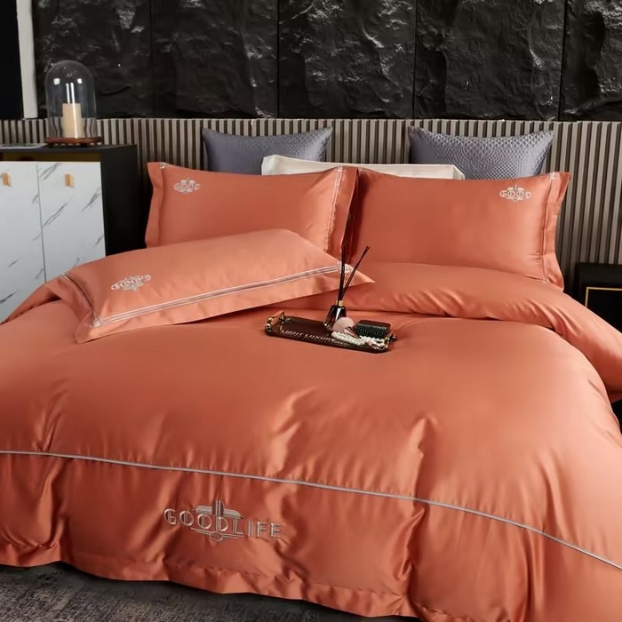 91家纺网 家纺一手货源 找家纺 U品汇 2023新品100支60s长绒棉宽边刺绣花纯棉全棉四件套直播 雷利斯-奶油橙