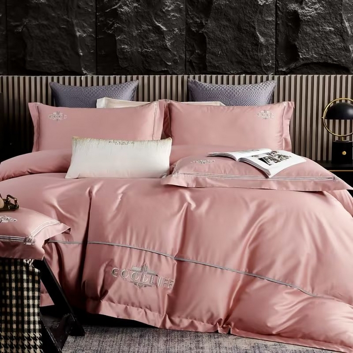 91家纺网 家纺一手货源 找家纺 U品汇 2023新品100支60s长绒棉宽边刺绣花纯棉全棉四件套直播 雷利斯-粉豆沙