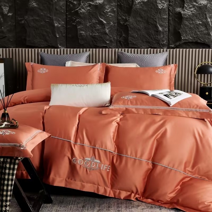 91家纺网 家纺一手货源 找家纺 U品汇 2023新品100支60s长绒棉宽边刺绣花纯棉全棉四件套直播 雷利斯-奶油橙