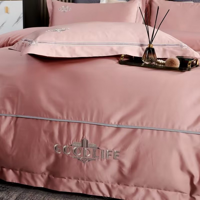 91家纺网 家纺一手货源 找家纺 U品汇 2023新品100支60s长绒棉宽边刺绣花纯棉全棉四件套直播 雷利斯-粉豆沙