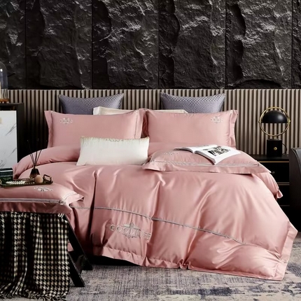 U品汇 2023新品100支60s长绒棉宽边刺绣花纯棉全棉四件套直播 雷利斯-粉豆沙