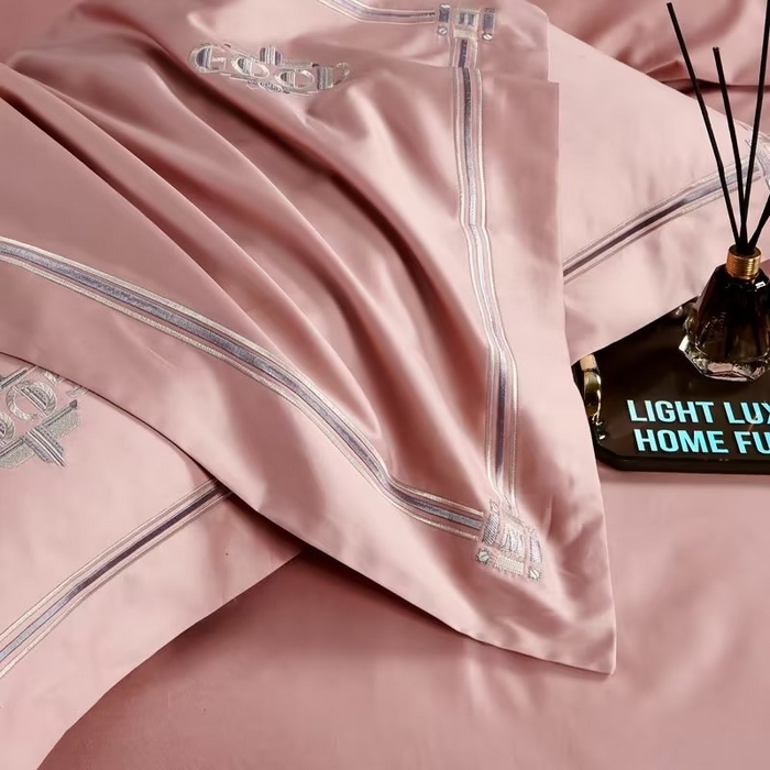 91家纺网 家纺一手货源 找家纺 U品汇 2023新品100支60s长绒棉宽边刺绣花纯棉全棉四件套直播 雷利斯-粉豆沙