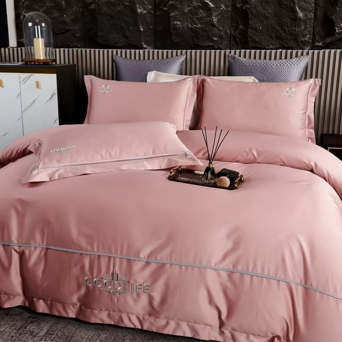 91家纺网 家纺一手货源 找家纺 U品汇 2023新品100支60s长绒棉宽边刺绣花纯棉全棉四件套直播 雷利斯-粉豆沙