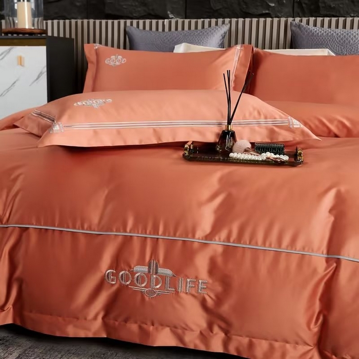 91家纺网 家纺一手货源 找家纺 U品汇 2023新品100支60s长绒棉宽边刺绣花纯棉全棉四件套直播 雷利斯-奶油橙