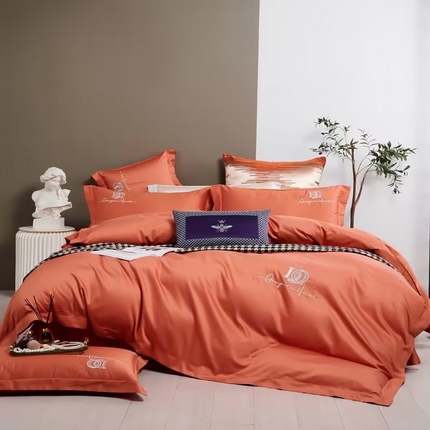 91家纺网 家纺一手货源 找家纺 U品汇 2023新品100支60s长绒棉宽边刺绣花纯棉全棉四件套直播 凯伦-奶油橙