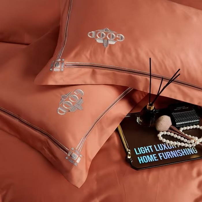 91家纺网 家纺一手货源 找家纺 U品汇 2023新品100支60s长绒棉宽边刺绣花纯棉全棉四件套直播 雷利斯-奶油橙