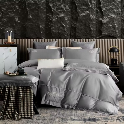 91家纺网 家纺一手货源 找家纺 U品汇 2023新品100支60s长绒棉宽边刺绣花纯棉全棉四件套直播 雷利斯-时尚灰