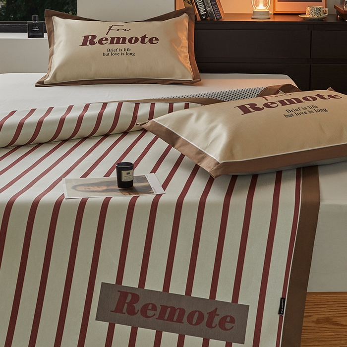 91家纺网 家纺一手货源 找家纺 圆岛家纺 2023夏季A类复古条纹系列高档900D数码印花冰丝凉席 枣泥可可