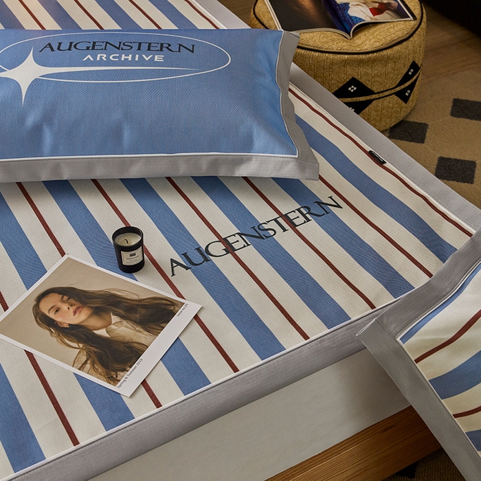 91家纺网 家纺一手货源 找家纺 圆岛家纺 2023夏季A类复古条纹系列高档900D数码印花冰丝凉席 海蓝细条