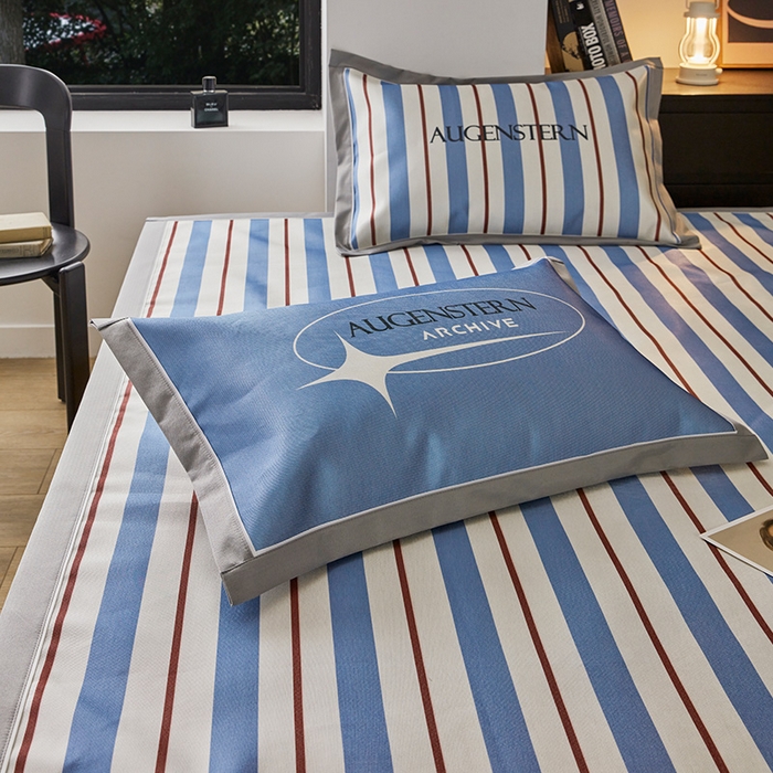 91家纺网 家纺一手货源 找家纺 圆岛家纺 2023夏季A类复古条纹系列高档900D数码印花冰丝凉席 海蓝细条