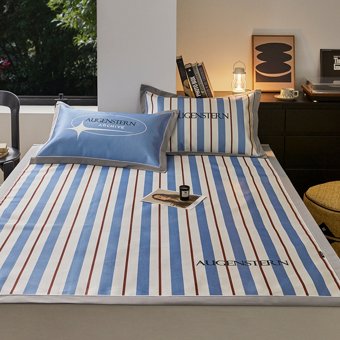 91家纺网 家纺一手货源 找家纺 圆岛家纺 2023夏季A类复古条纹系列高档900D数码印花冰丝凉席 海蓝细条