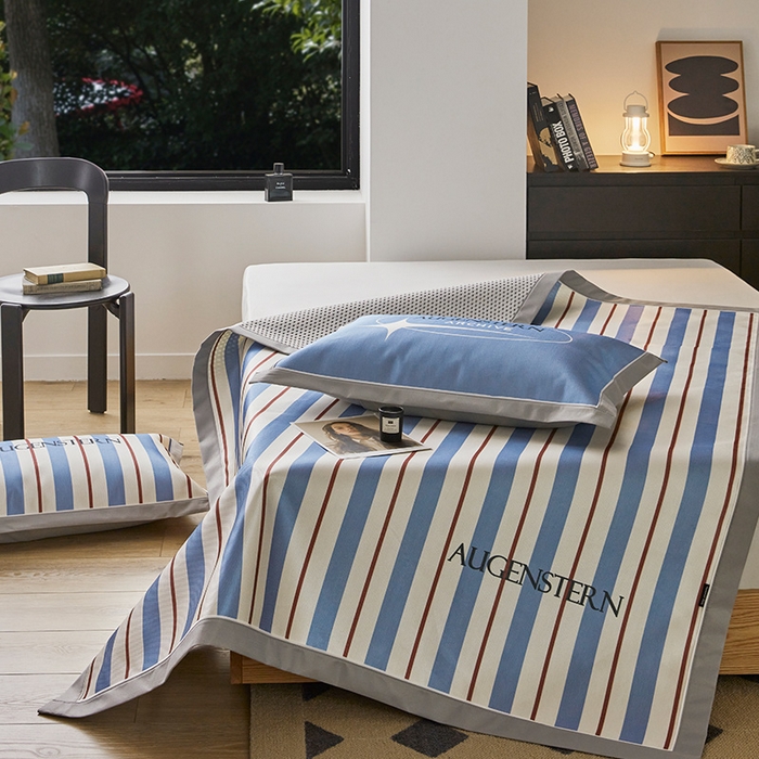 91家纺网 家纺一手货源 找家纺 圆岛家纺 2023夏季A类复古条纹系列高档900D数码印花冰丝凉席 海蓝细条