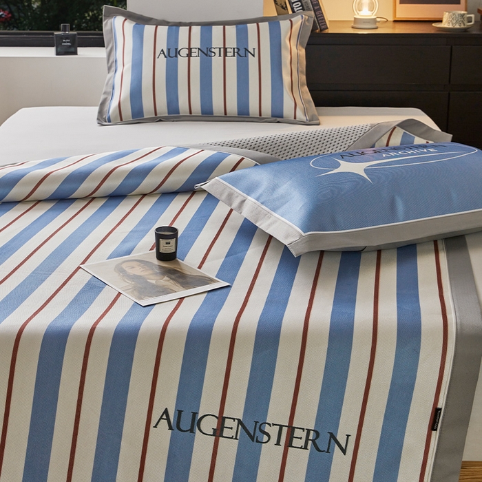 91家纺网 家纺一手货源 找家纺 圆岛家纺 2023夏季A类复古条纹系列高档900D数码印花冰丝凉席 海蓝细条