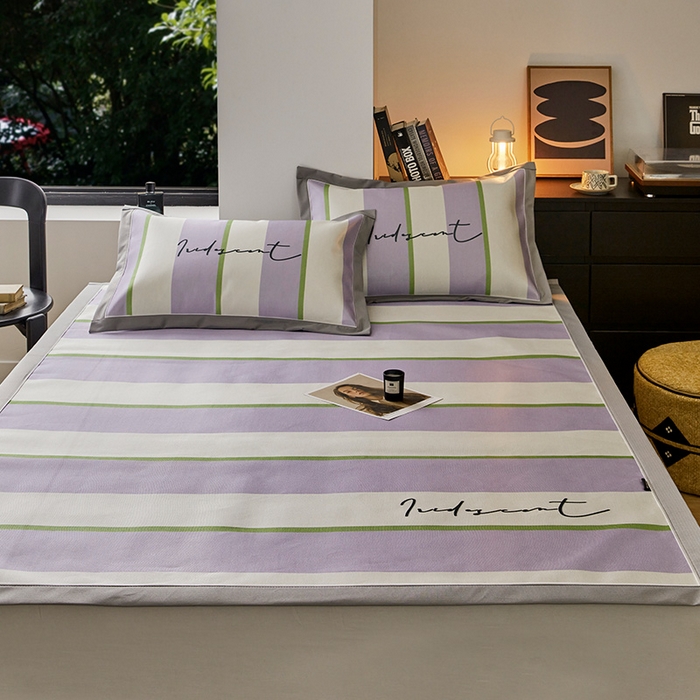 91家纺网 家纺一手货源 找家纺 圆岛家纺 2023夏季A类复古条纹系列高档900D数码印花冰丝凉席 香芋奶提