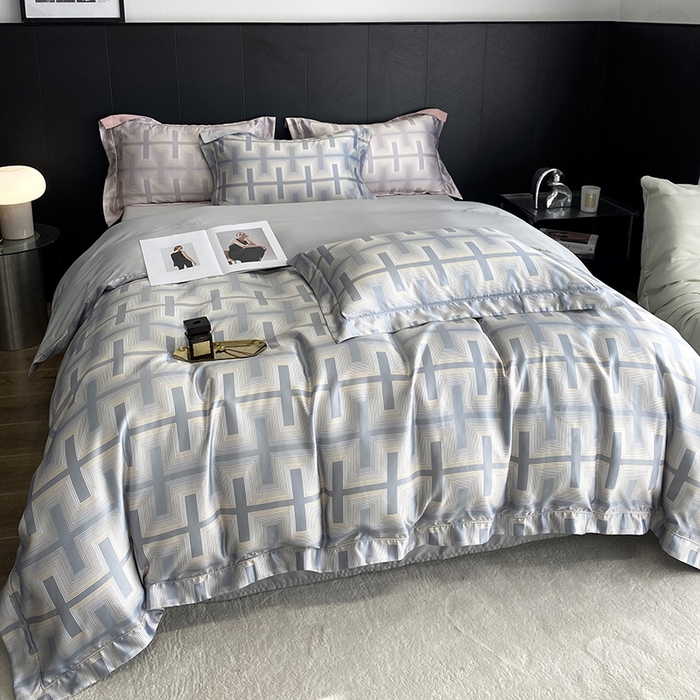 91家纺网 家纺一手货源 找家纺 优悦 2023新款冰丝印花四件套澜玉丛境 灰