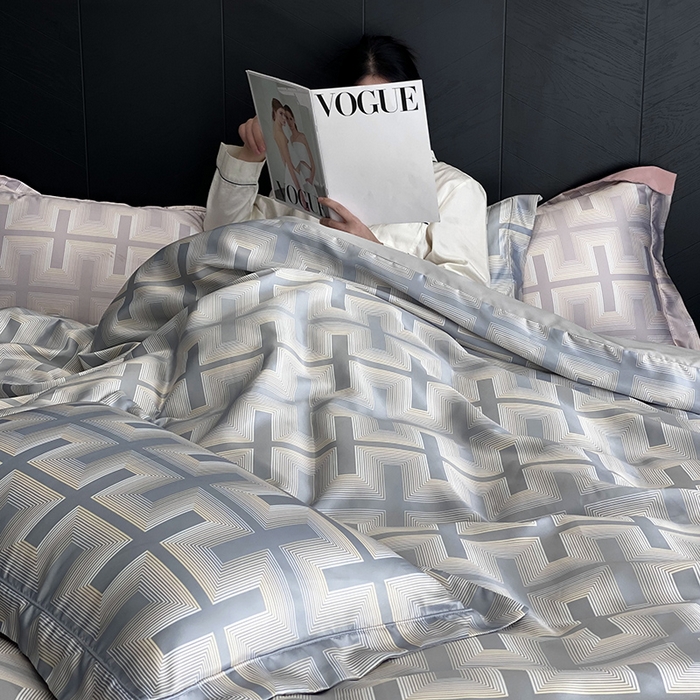 91家纺网 家纺一手货源 找家纺 优悦 2023新款冰丝印花四件套澜玉丛境 灰