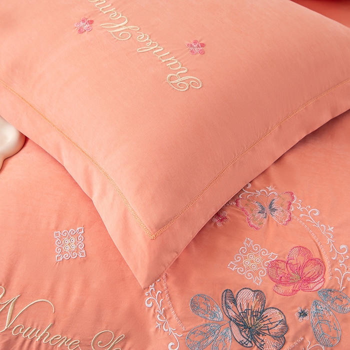 91家纺网 家纺一手货源 找家纺 优姿家纺 2024新款锦棉绣花四件套吊边床单一字绣枕套套件-锦绣花园 锦绣花园-橙