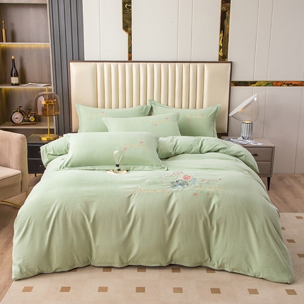 优姿家纺 2024新款锦棉绣花四件套吊边床单一字绣枕套套件-锦绣花园 锦绣花园-翠绿