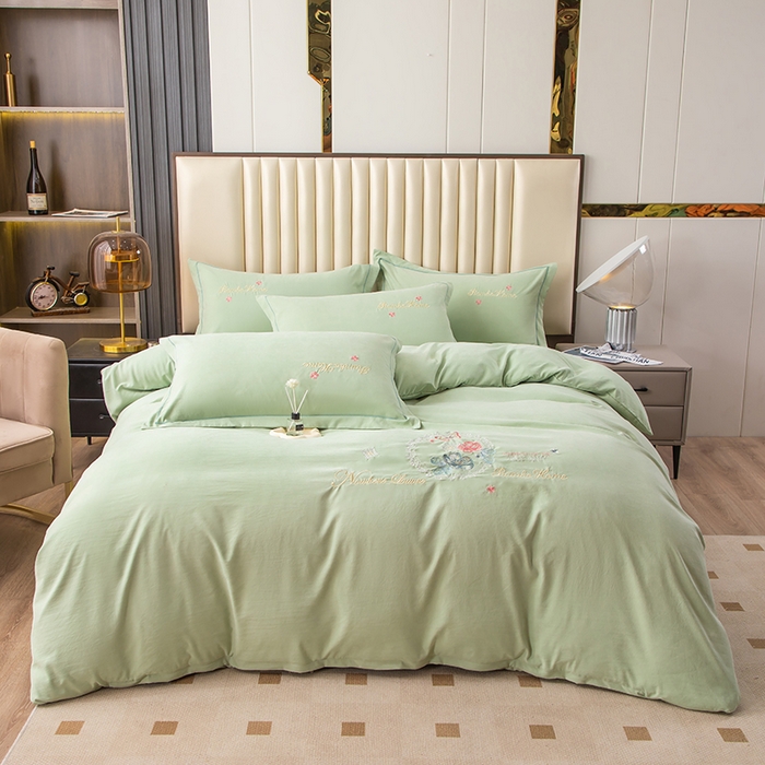 91家纺网 家纺一手货源 找家纺 优姿家纺 2024新款锦棉绣花四件套吊边床单一字绣枕套套件-锦绣花园 锦绣花园-翠绿