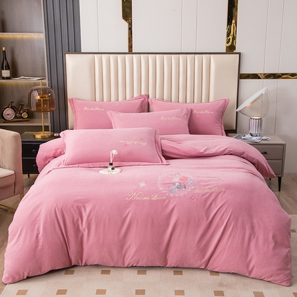 优姿家纺 2024新款锦棉绣花四件套吊边床单一字绣枕套套件-锦绣花园 锦绣花园-豆沙